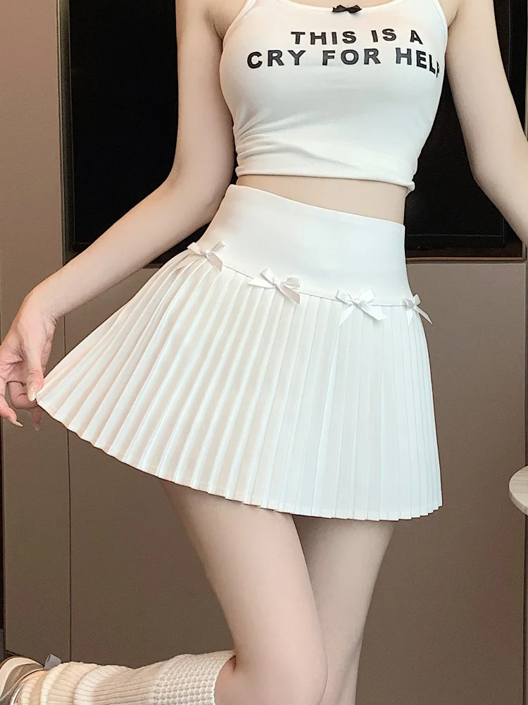 Mini saias femininas vintage arco cintura alta magro estilo preppy saia plissada menina moda streetwear doce culottes