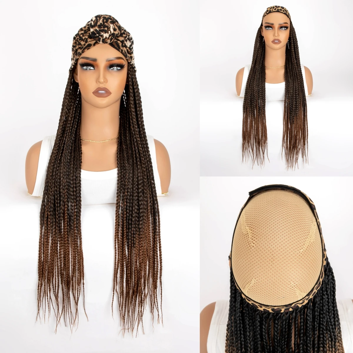 Long 24Inch Synthetic Ombre Black Brown Braided  With Leopard Print Headband Turban Braiding Hair Extensions Wig For Black Women