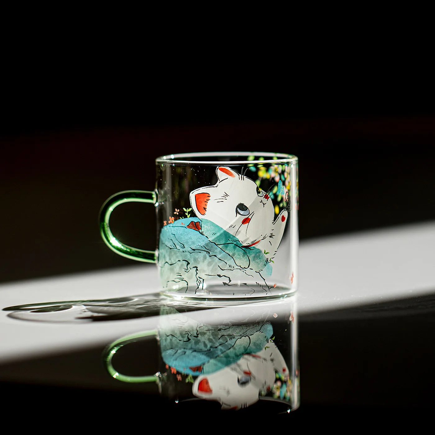 Rui‑li Handle Glass Teacup, Japanese‑Style Kitten Heat‑Resistant Single Small Cup for Afternoon Tea & Scented Tea Drinking