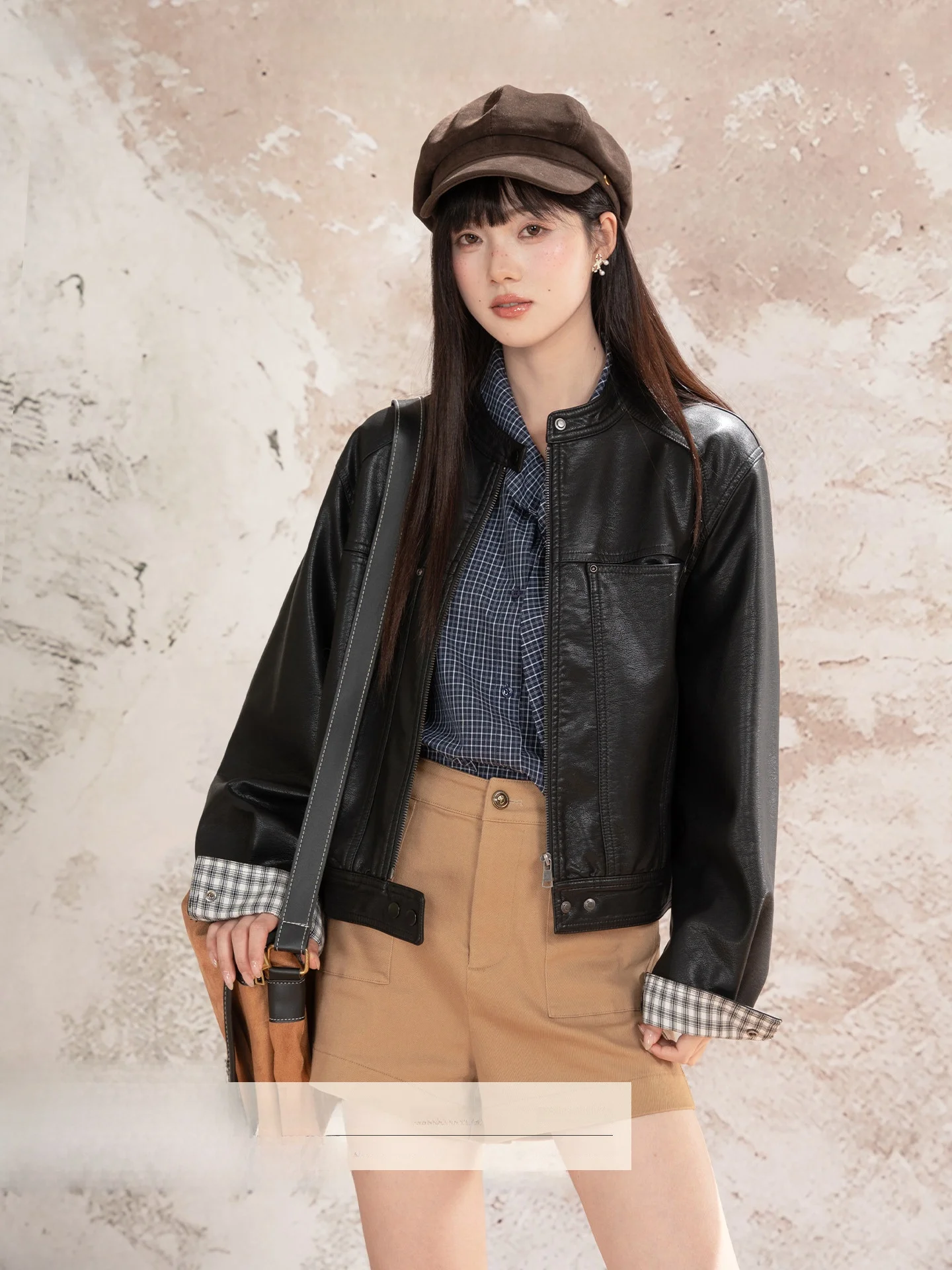 

Loveheynew кожаный топ в клетку в стиле ретро с манжетами, женский осенний дизайн, мотоциклетный топ Jaet, круглый узор Ne Sve