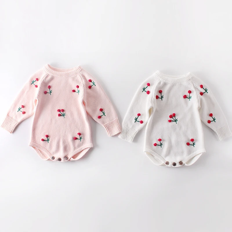 Newborn Girls Jumpsuits Infant Baby Girls Knit Romper Cherry Embroidery Long Sleeve Button Warm Spring Toddler Clothes Jumpsuits