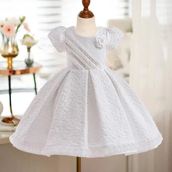 Summer White Flower Girls Dress Elegant Bow Wedding Bridemaid Princess Kids Party Dresses for Girl Birthday Short Sleeve Costume