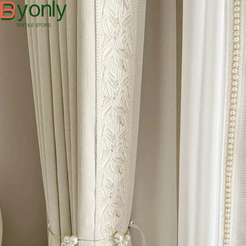 

French Curtains for Living Dining Room Bedroom Cream Cured Embossed Chenille Texture Thick Window White Tulle Sheer Curtain