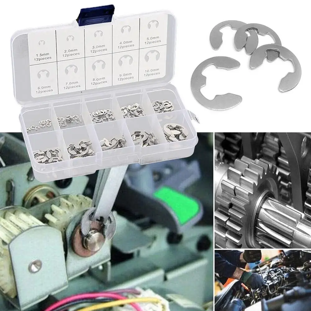 فتح التجنيب نوع E بحلقة إحكام 120 قطعة 304 الفولاذ المقاوم للصدأ E كليب غسالة M1.5-M10 إحكام الاحتفاظ الدائري ل رمح السحابة