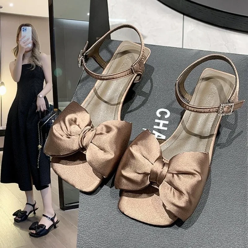 Women's Sandals Summer 2024 Bow Low Thick Heel Ladies Shoes Fashion Open Toe Solid Color Elegant Dress Heeled Sandales Femmes