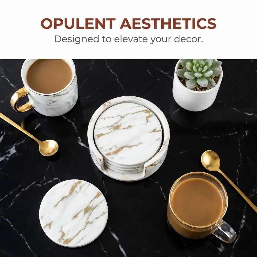 7Pcs Waterproof PU Leather Coaster Double-sided Marble Pattern Placemat 10cm Round Heat Insulation Pad Office