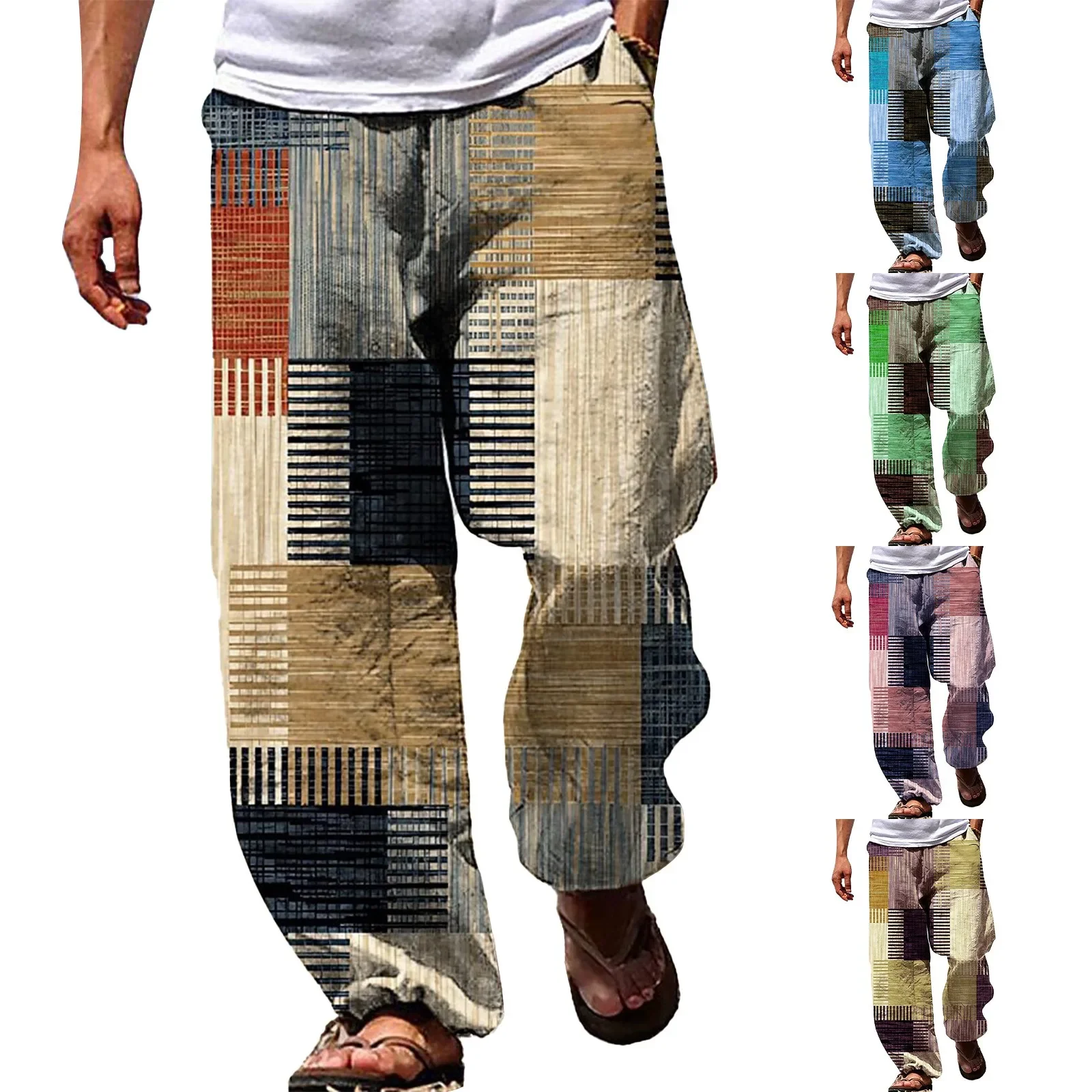 Men's Trousers Summer Pants Beach Pants Drawstring Elastic Waist 3D Print Stripe Graphic Prints h Apparel Cute House