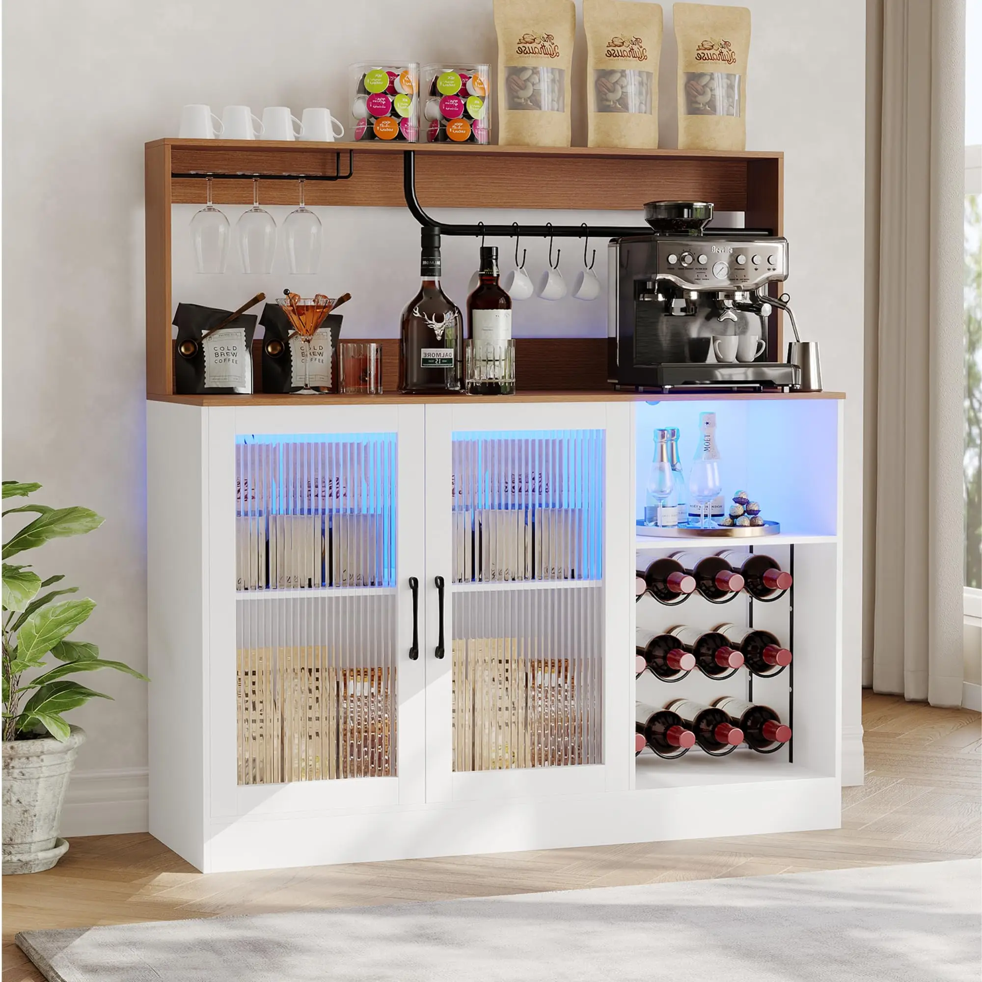 Wine Bar Cabinet With LED Lights, Glass Holder, Wine Rack, Fluted Acrylic Door, Coffee Bar Storage With Upper Display Shelf Unit