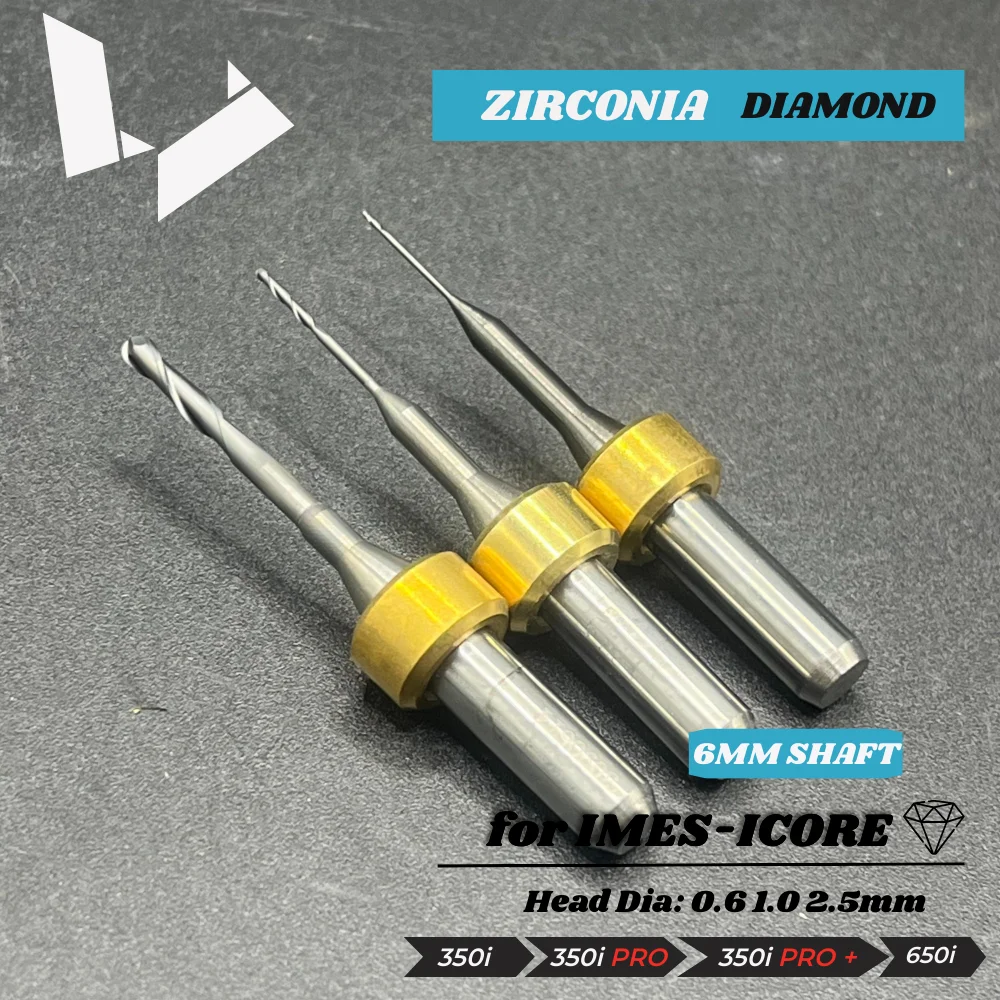 Imes-Icore T15 T14 T13 0.6mm 1.0mm 2.5mm Replacement Diamond Coated Radius Milling Tools Zirconia Cutters (6 mm Shaft)