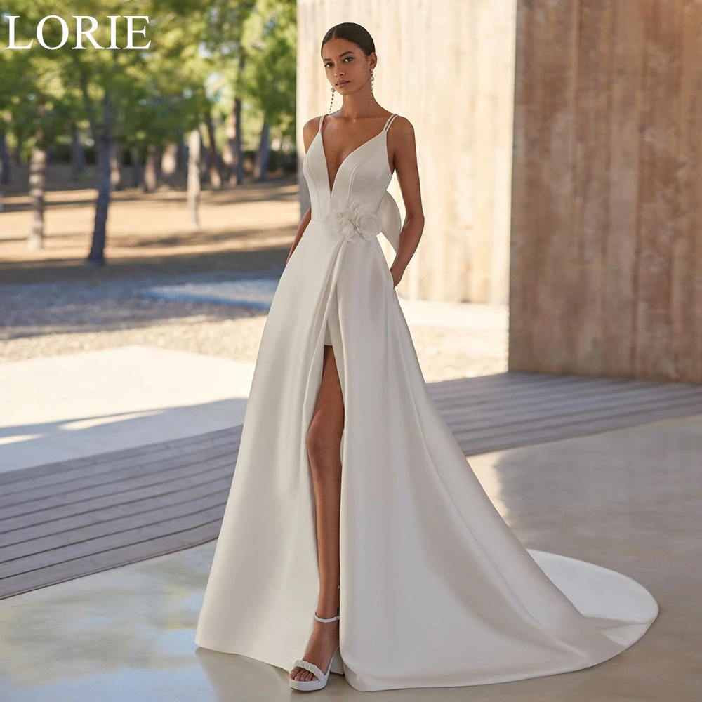 

LORIE Elegant Satin Wedding Dresses Spaghetti Straps Bow A-Line Side Slit Bride Prom Gown 2025 Backless Bridal Gowns Customized