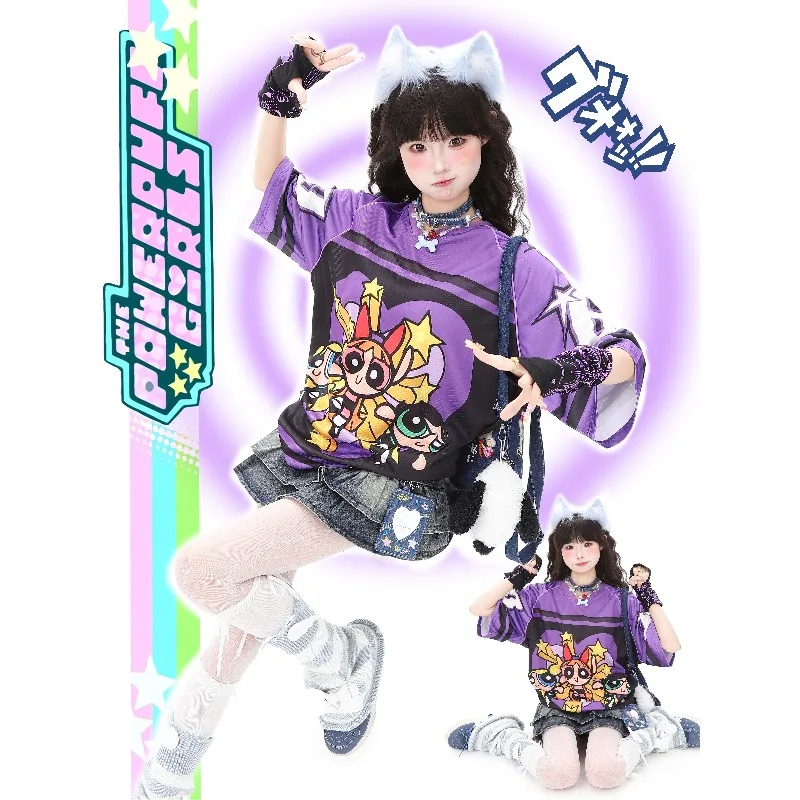 

Miniso American Street Sweet Cool мультфильм фиолетовый принт с v-образным вырезом бейсбольная рубашка футболка топ летняя новая быстросохнущая