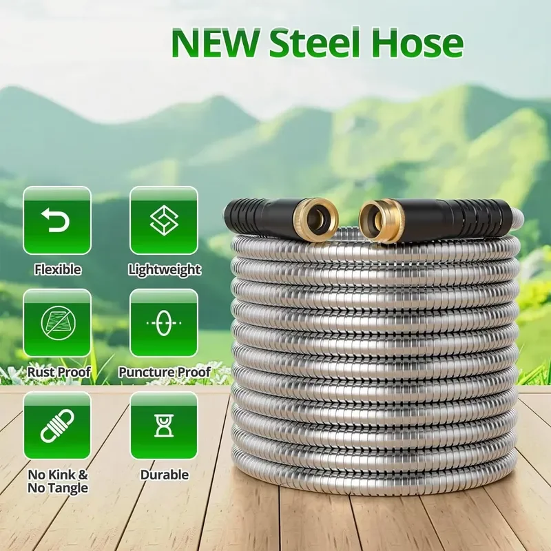 for 50FT 75FT 100FT Stainless Steel Metal Garden Hose Water Pipe With 10 Function Nozzle