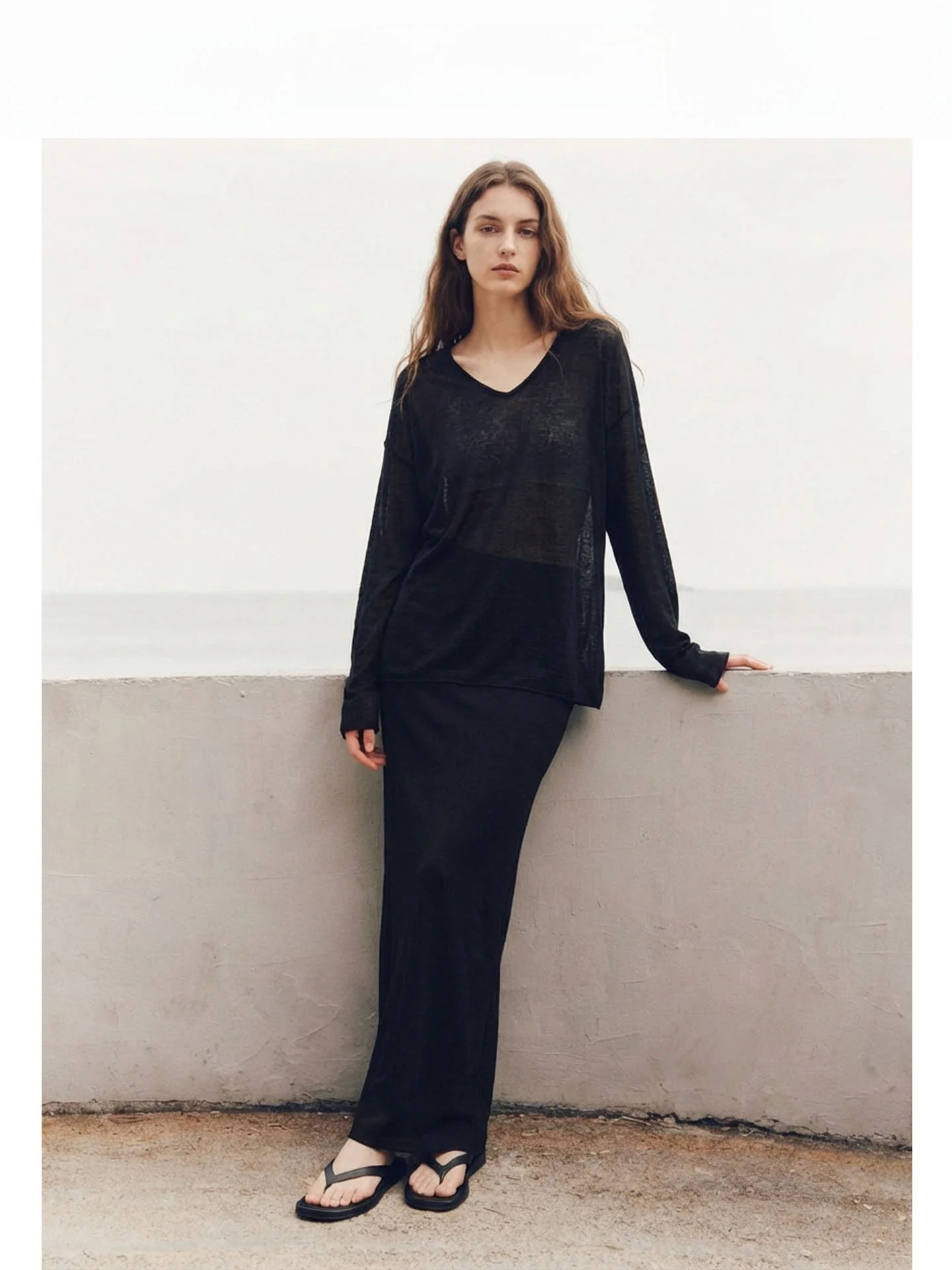 

ACOUSOTG Minimalist Lazy Style Women's Knitted Top Thin Loose Long Sleeve V-Neck Transparent UV Protection Summer Fashion