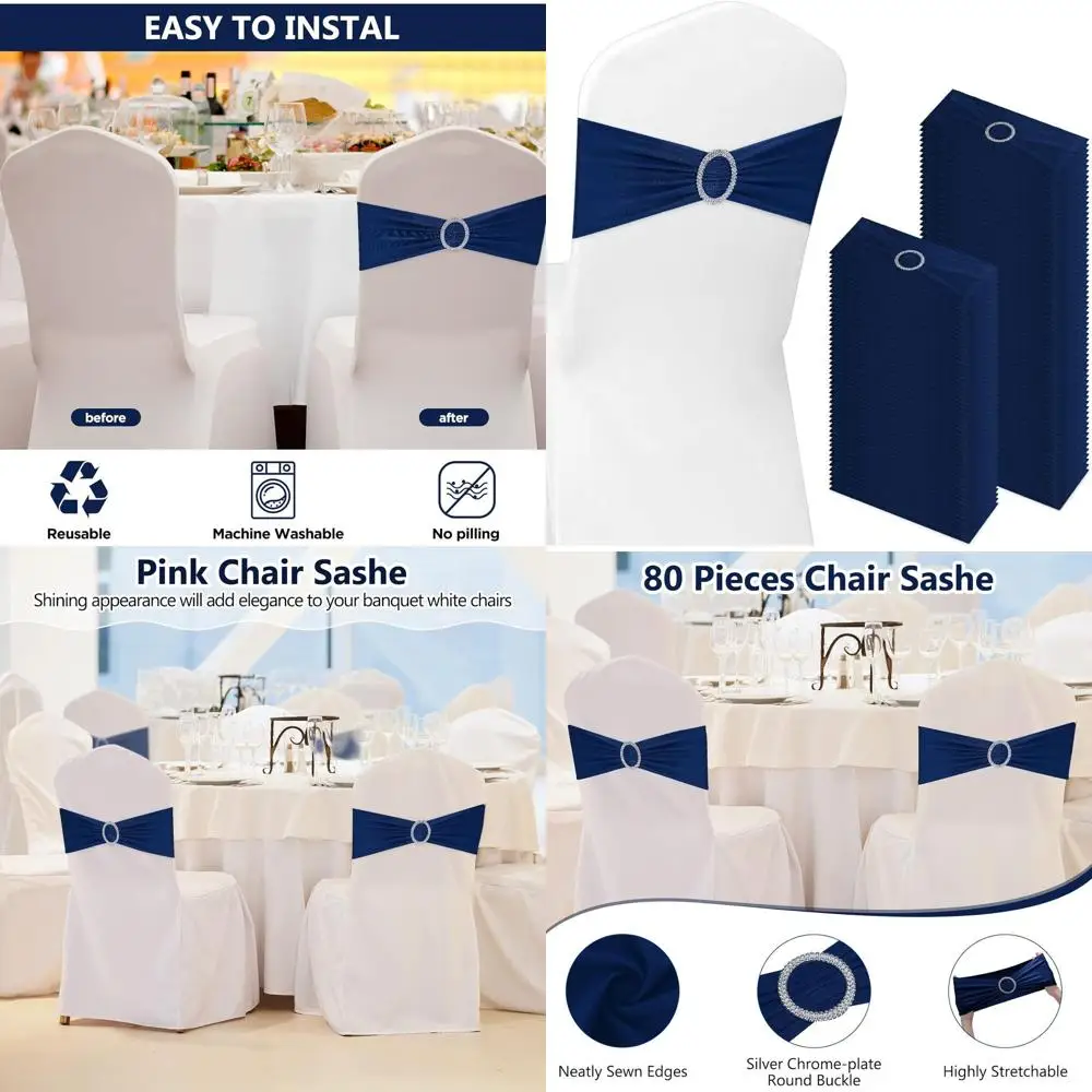 

150 эластичных чехлов для стульев из спандекса с пряжками-слайдерами для свадеб, вечеринок и мероприятий - темно-синие эластичные ленты для декора