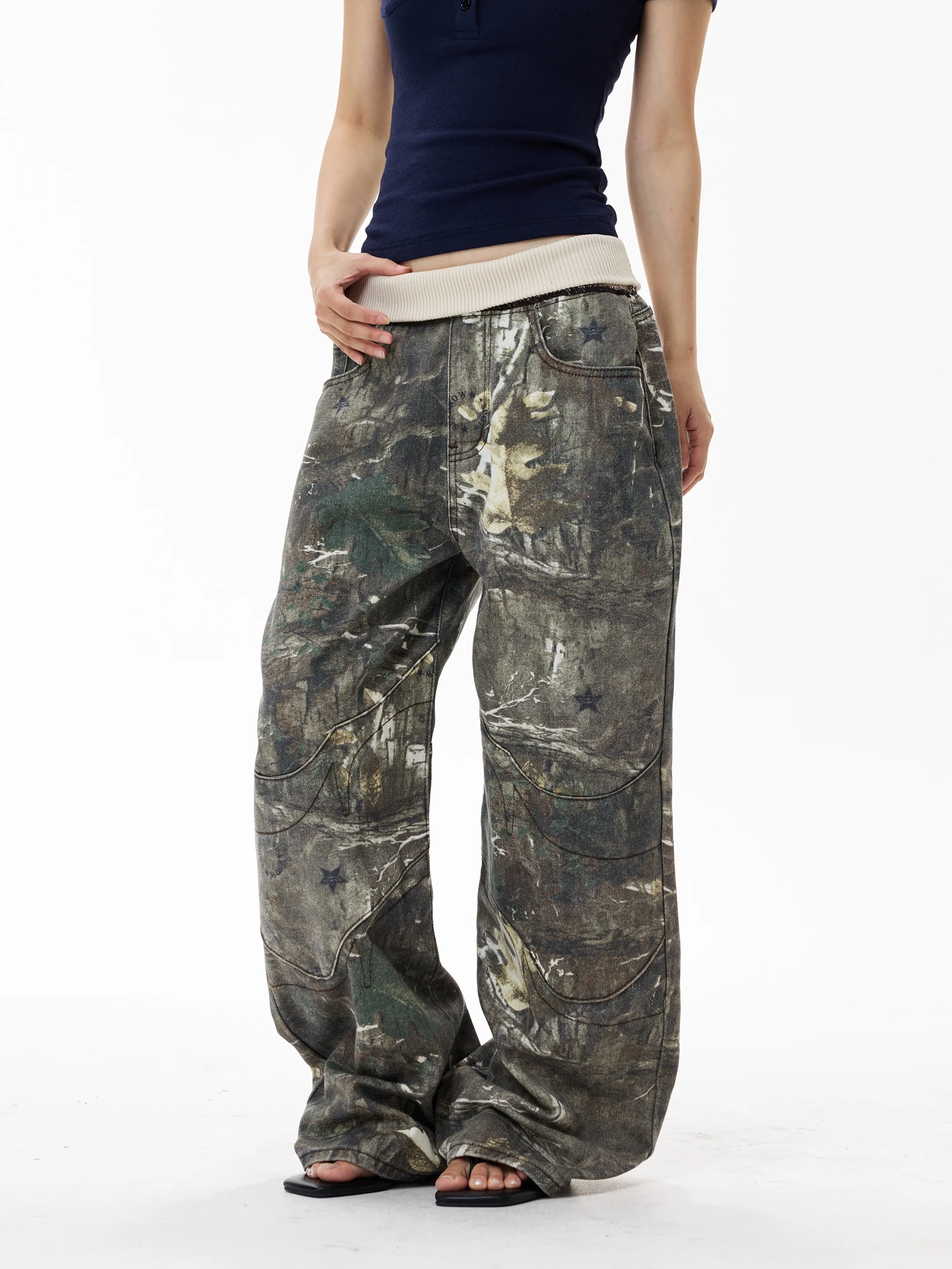 Street Style Loose Fit Camouflage Pants High Waist Cuffed Waist Design Casual Loose Straight Leg Jeans by YEBOUN