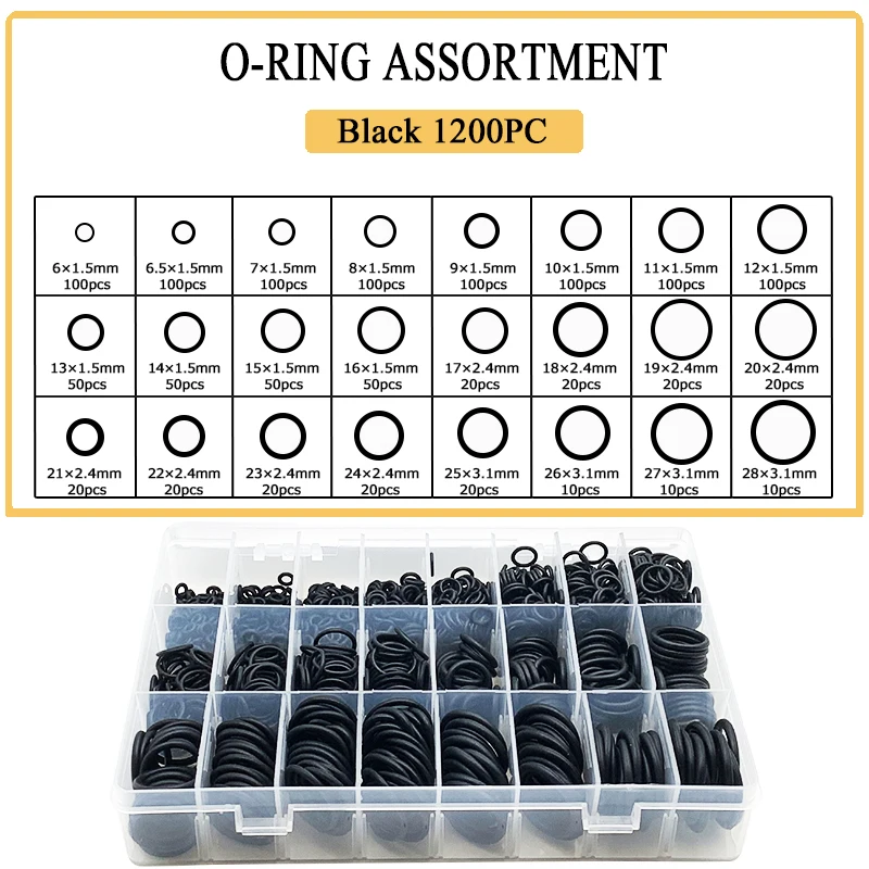 

1200pcs Rubber O Ring Assortment Kits 24 Sizes Sealing Gasket Washer Made of Nitrile Rubber NBR for Automotive Repair, Plumbing