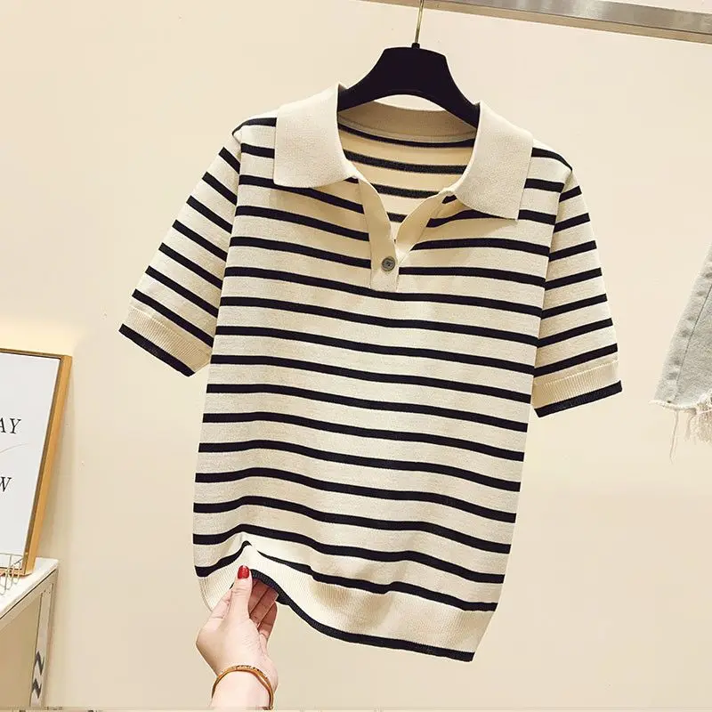 Women Clothing Fashion Polo-neck Striped Short Sleeve T-shirts Summer Vintage Button Sweet Knit Top Office Lady Loose Pullovers