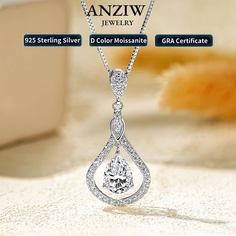 Anziw Luxury 1CT 1.5CT 2CT Moissanite Waterdrop Pendant Necklace 925 Silver for Women Wedding Christmas Gifts Adjustable Chain