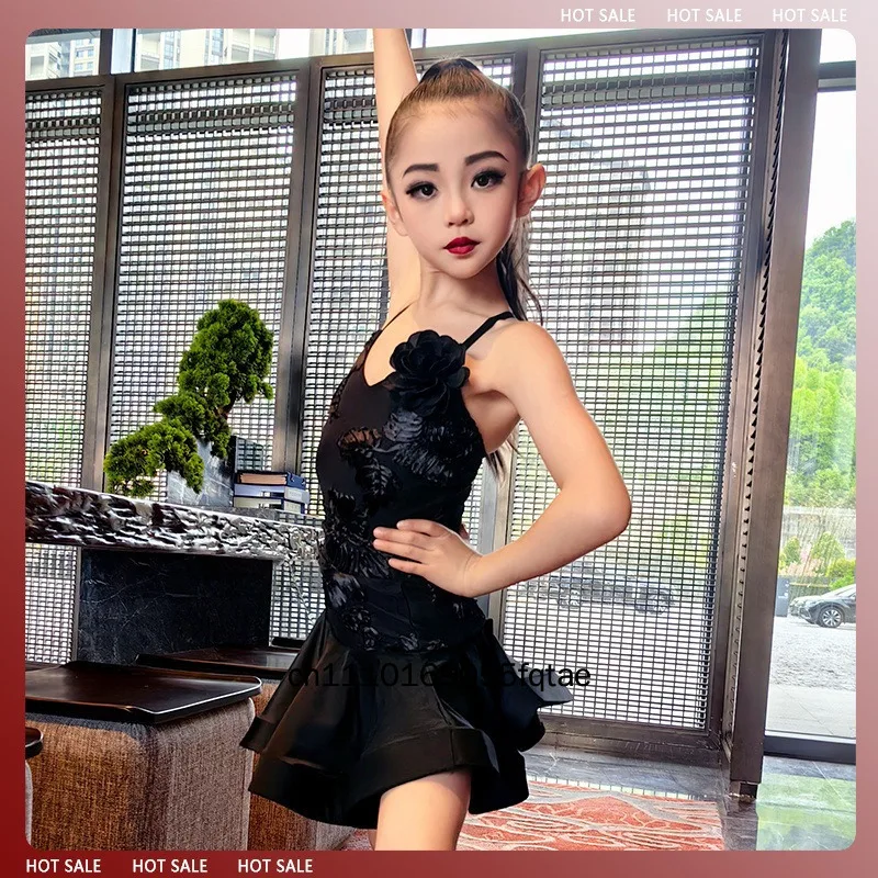 Children Girls Latin Dance Dress Summer Rose Camisole Fishbone Big Swing Skirt Kids Practice Training Wear Competition Performan