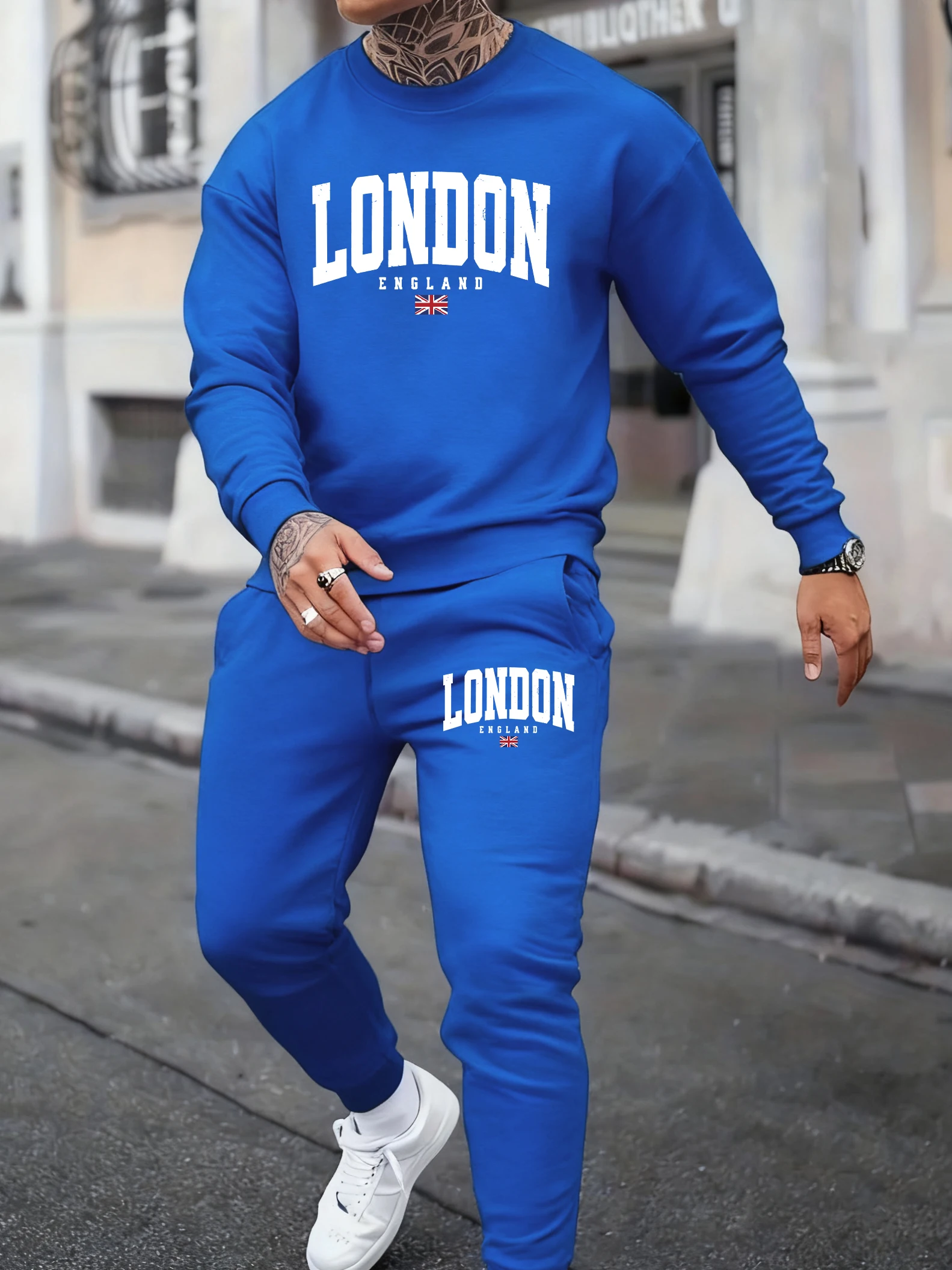London England Flag Print Men Pullovers Fleece Crewneck Sweatshirt Set Casual Gym Sportswear Suit Loose Autumn Sweatpants