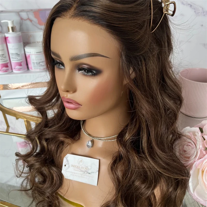 

Chocolate Brown with Blonde Highlights Synthetic HD Lace Front Wig Realistic Preplucked Hairline Wig Soft Long Body Wave Wigs