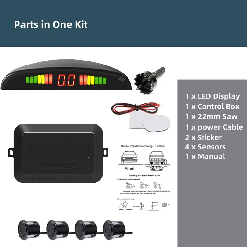 Hippcron Car LED Parking Sensor Kit 4 Sensors 22mm Backlight Display Reverse Backup Radar Monitor System 12V 4 Colors