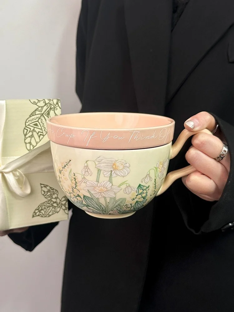 الرجعية طبعة محدودة البلد Sle التصميم الأصلي الوردي الرياح جرس زهرة القهوة القدح لوحة غطاء كوب سعة كبيرة كوب ماء #2