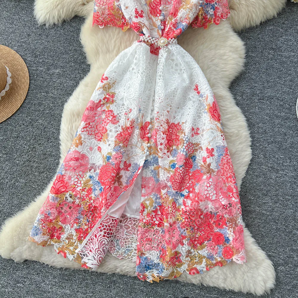 Elegante laço francês floral impressão recorte vestido feminino verão único breasted strass acentos cintura-emachecendo a linha vestido longo