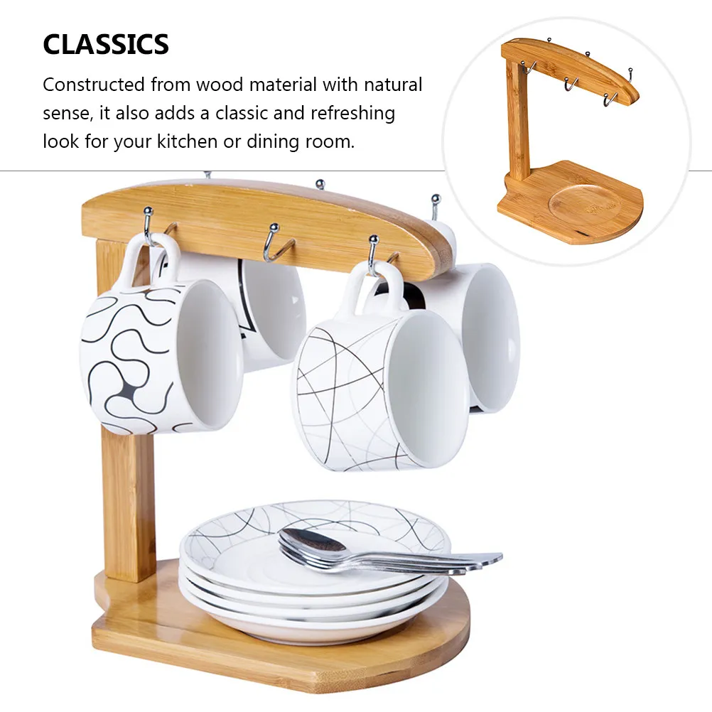 Bamboo Mug Holding Stand 6-Cup Capacity Elegant Color Cup Storage Rack for Tabletop Display Drying and Organization