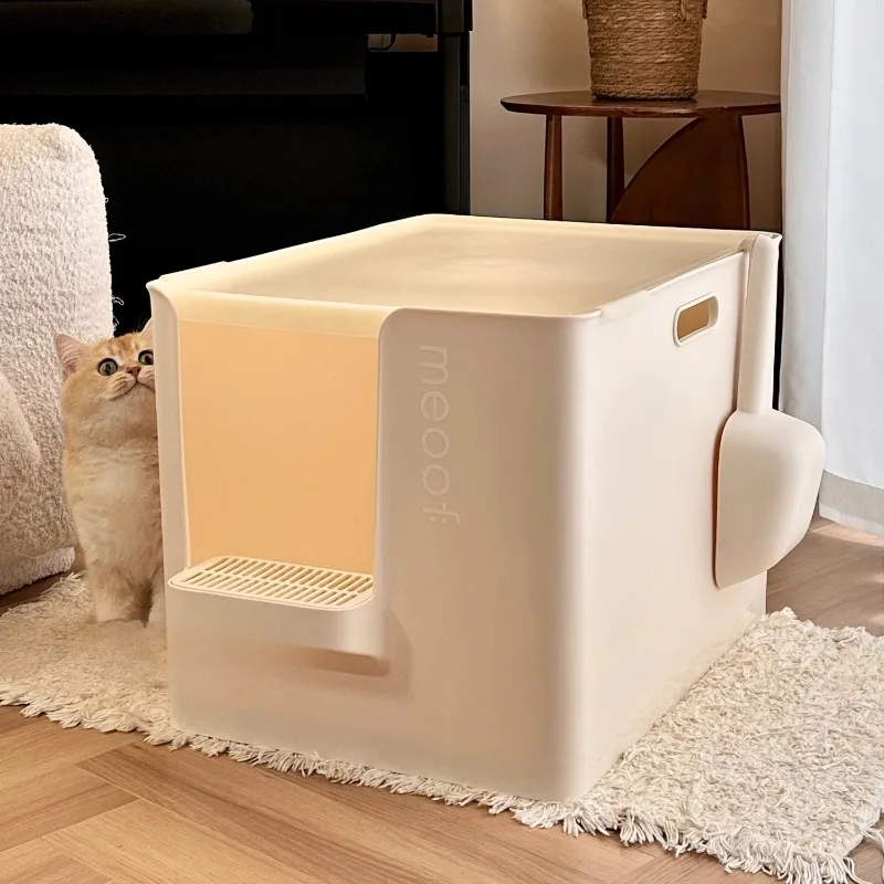 

Enclosed Cat Litter Box Extra Large Villa Style Pet Toilet Jumbo Covered Cats Litter Tray Modern Minimalist Odor-Free Cat Bedpan