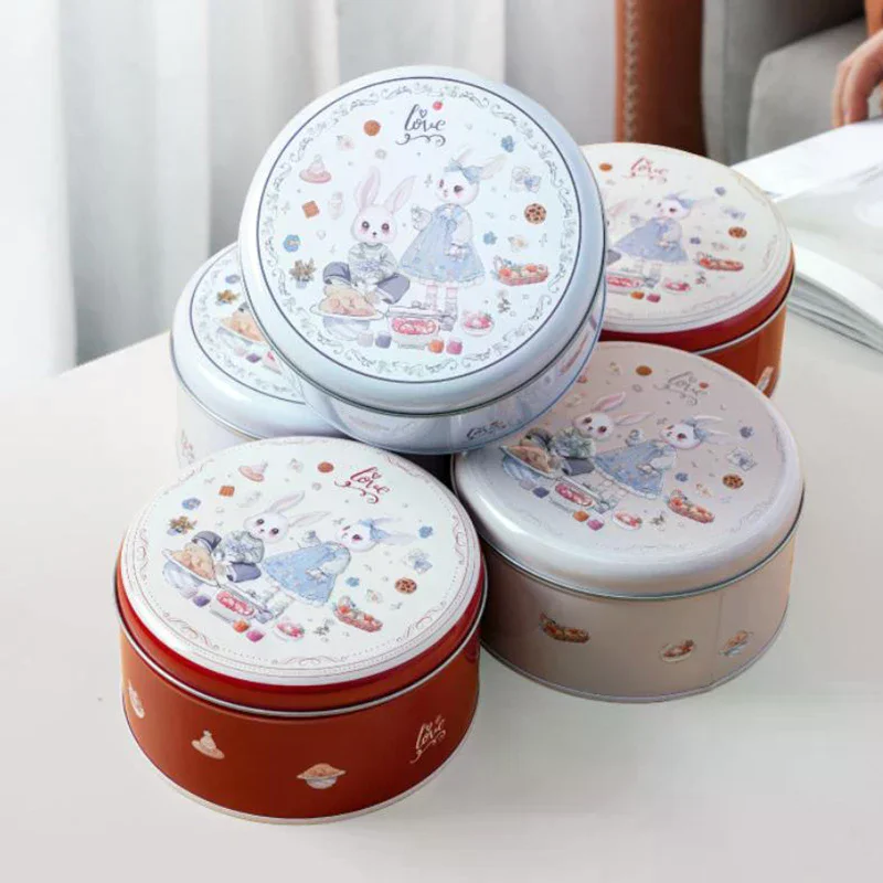 Cartoon Rabbit Printed Tinplate Candy Chocolate Boxes Metal Empty Cookie Tin Box Multifunction Round Wedding Candy Jar