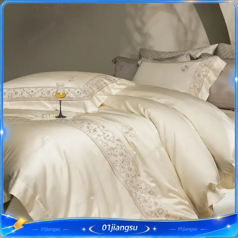 1000TC Egyptian Cotton Bedding Set Luxury Embroidery Duvet Cover Soft Silky Bed Sheet Pillowcases 4Pcs Queen King Size Home