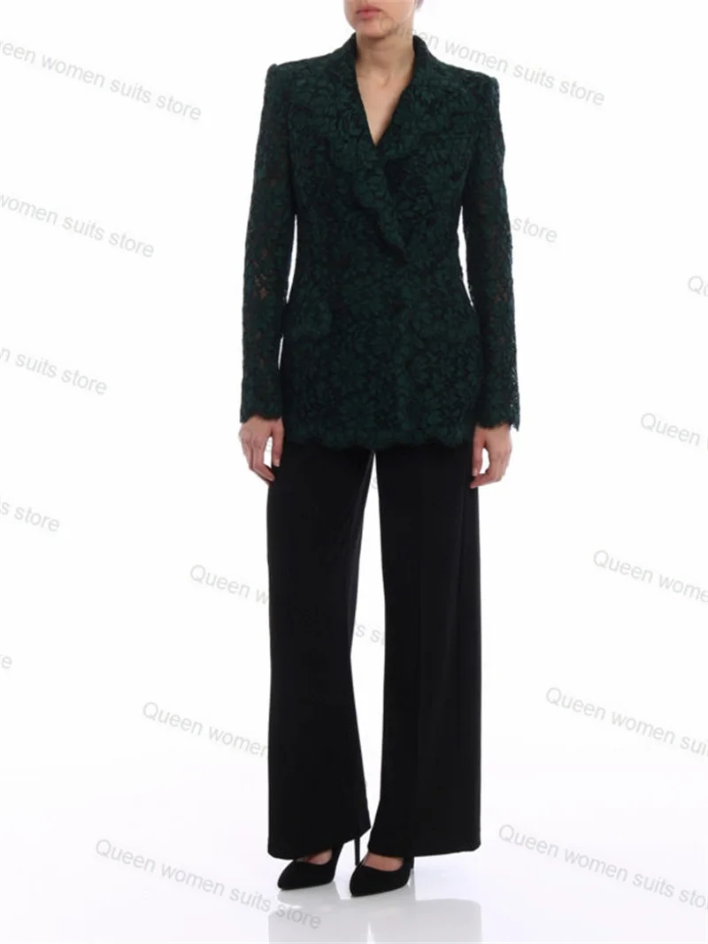 

Dark Green Lace 2 Piece Women Suits Pants Set Blazer+Black Trouser Prom Dress Formal Office Lady Tailored Size Jacket Coat