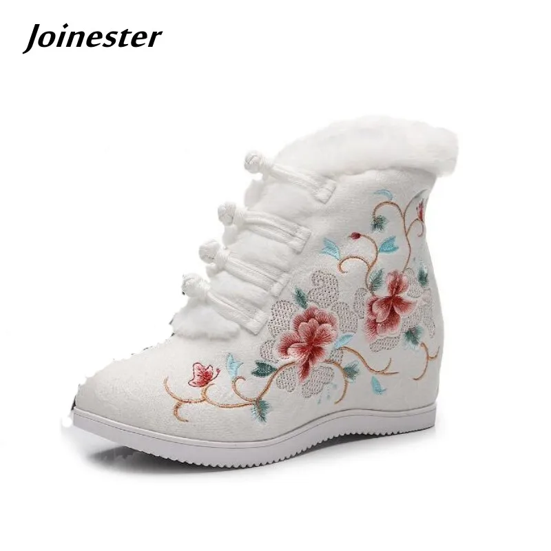 Fur Lined Flower Embroidered Women Ankle Boots Internal Height Increased Vintage Short Booties for Ladies Winter Warm Dress Shoe