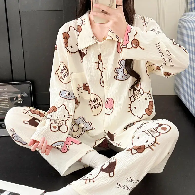 

Sanrio Hello Kitty, пижамы для молодых девушек, кавайные студенческие осенние пижамы с героями мультфильмов для отдыха, длинные штаны с длинными рукавами, комплект домашней одежды для общежития, новый