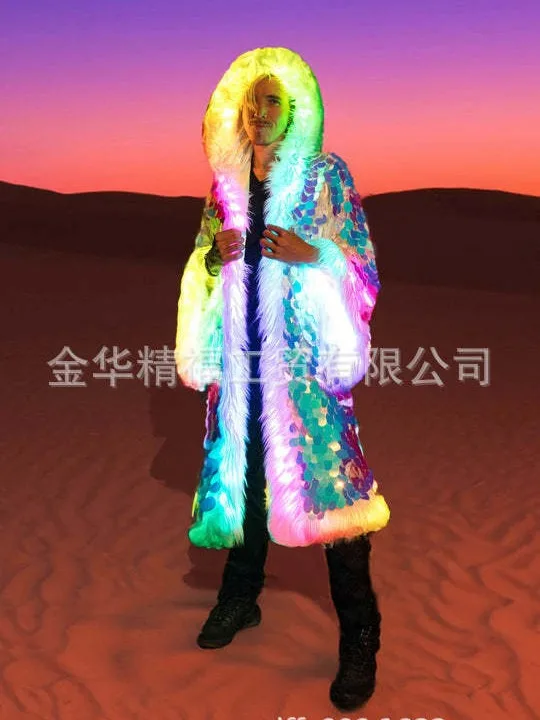 Jacket Faux Fur Men Long Coat Sequins Hooded Fluffy Warm Winter Patchwork LED Costume Stage Dance Party Cosplay Outerwear