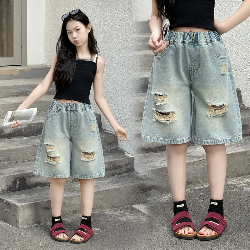 New Children Knee-Length Denim Shorts with Hole for Teenage Girls Fashion Loose Fit Ripped Jeans Capris Kids Summer Shorts