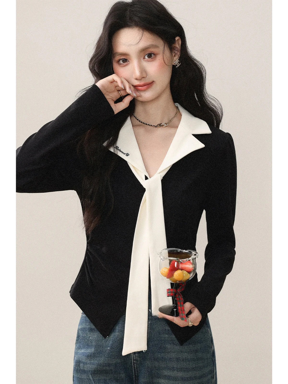 

Женская футболка Ele Bla Long Sleeve в корейском стиле, весенняя мода, с высокой талией, отложным воротником, стандартный крой