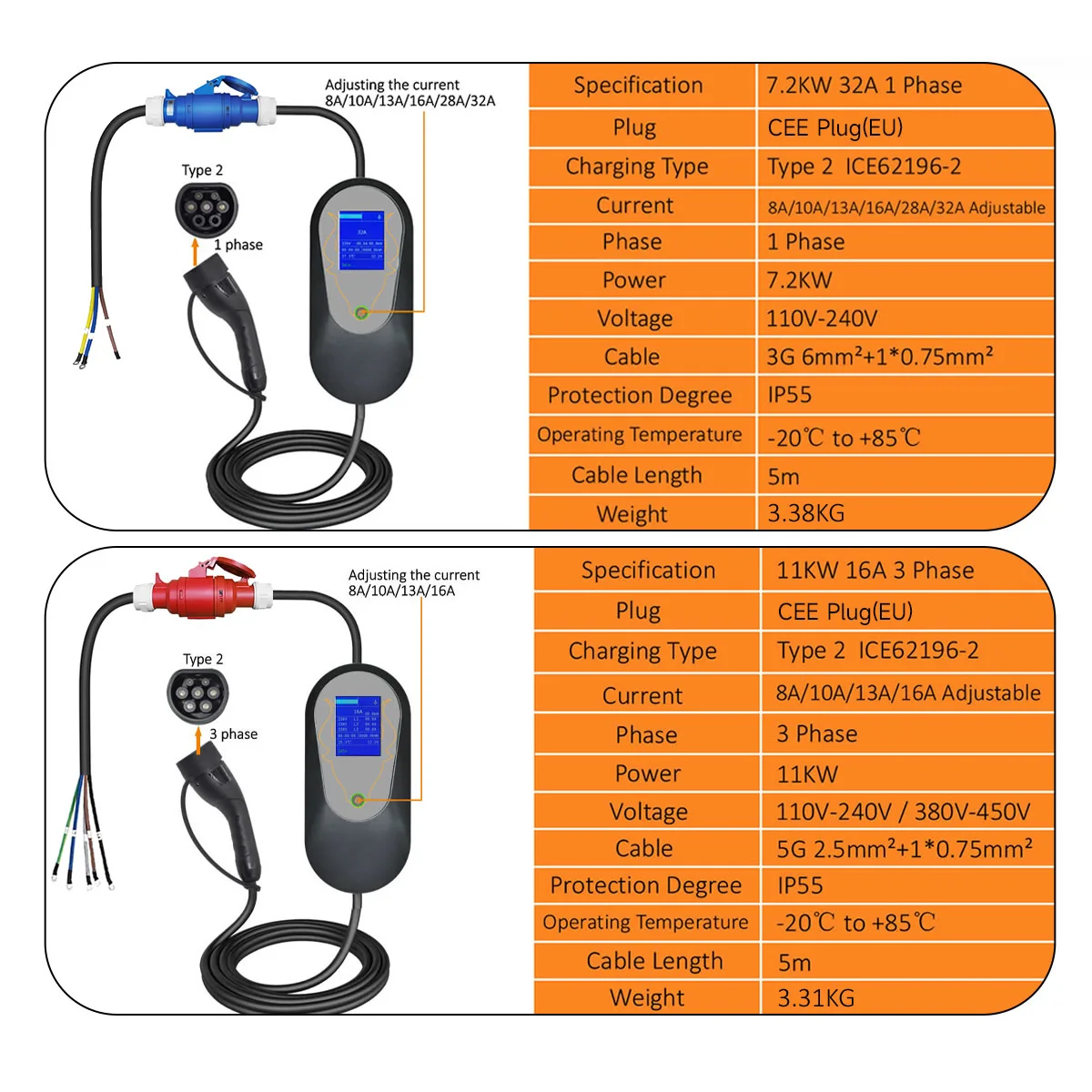 11KW 7kw Type 2 5m Wallbox Electric Vehicle Charger Car Charging Cable Home Fast EV Charger with Charging Adapter