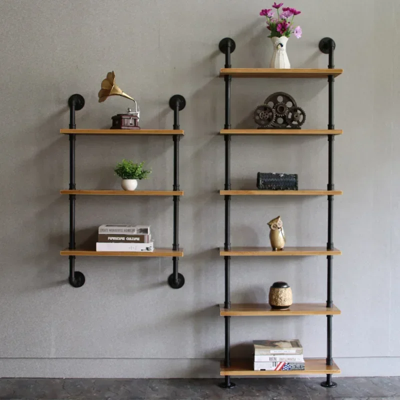 Industrial feng shui pipe wall mounted shelves with multiple layers for storing retro solid wood wall mounted bookshelves