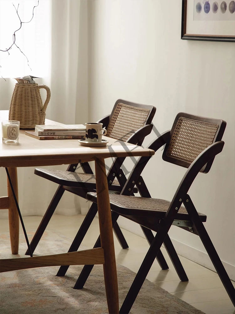 Retro Style Dining Chair Foldable French Rattan Chair Bar Ghost Chair Solid Wood Furniture