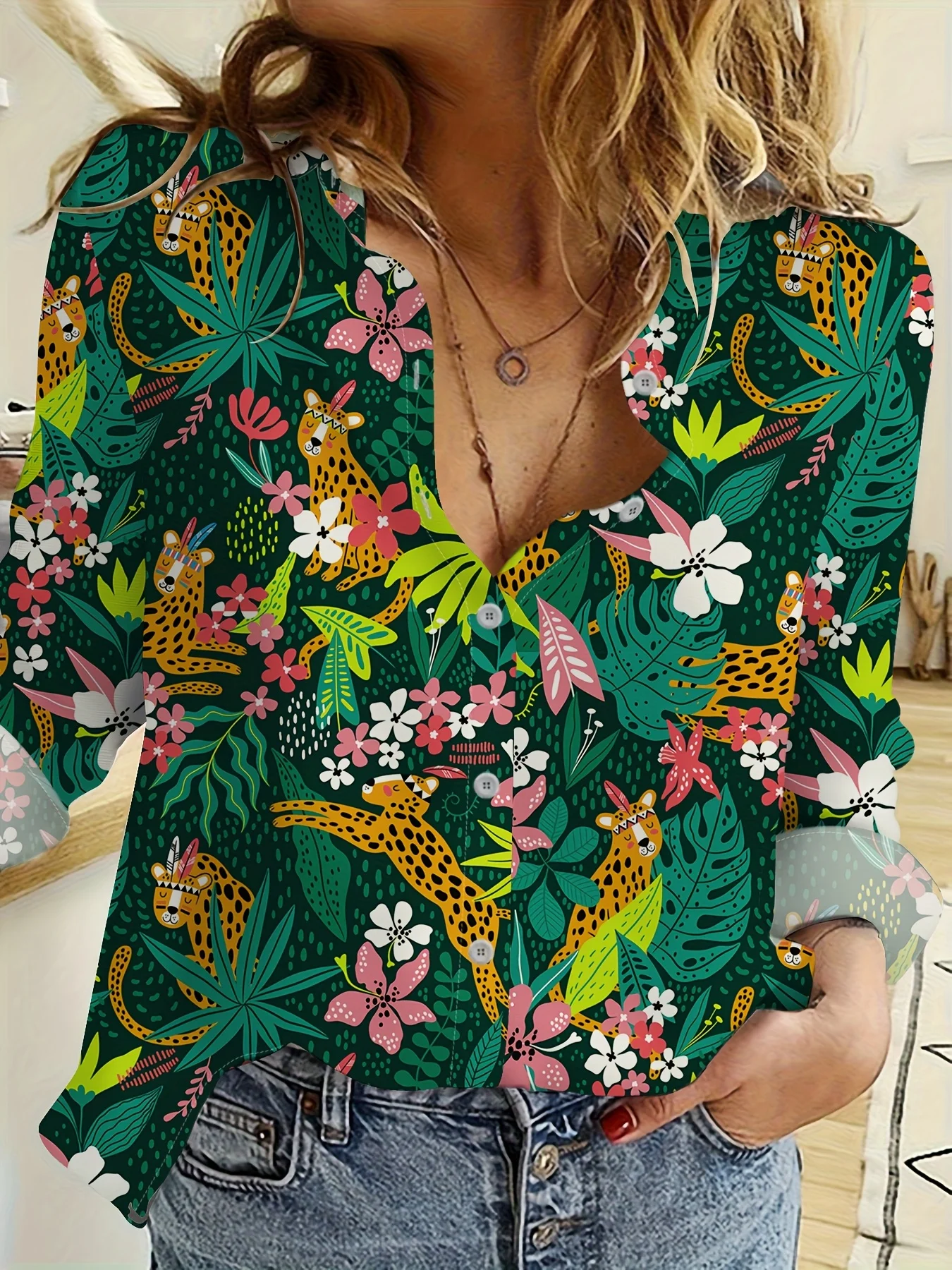 Printed Design Casual Wind Tropical Plant Leopard Full Sleeve Shirt