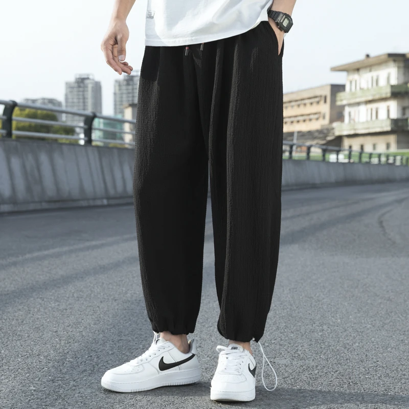 

Новые мужские льняные легкие спортивные штаны, хлопковые однотонные дышащие беговые брюки, мужские мешковатые брюки, уличная одежда, длинные мужские брюки