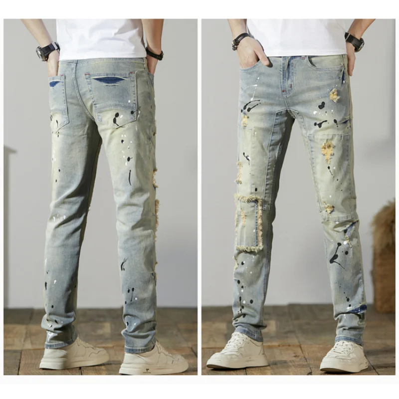 Jeans rasgado lavado retrô pintado à mão para homens, calça reta de motociclista, moda de lazer, tendência alta