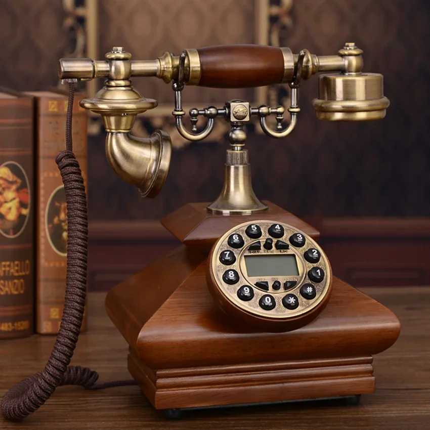 European-style Antique Retro Telephone Solid Wood Landline Decoration, Button Dial with Caller ID, Backlit Handsfree Calling