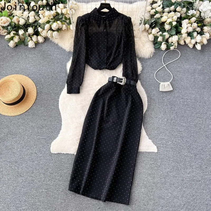 Women Clothing Temperament Two Piece Sets Long Sleeve Loose Shirt High Waist Skirts Outfits Roupas Femme Vintage Polka Dot Suit