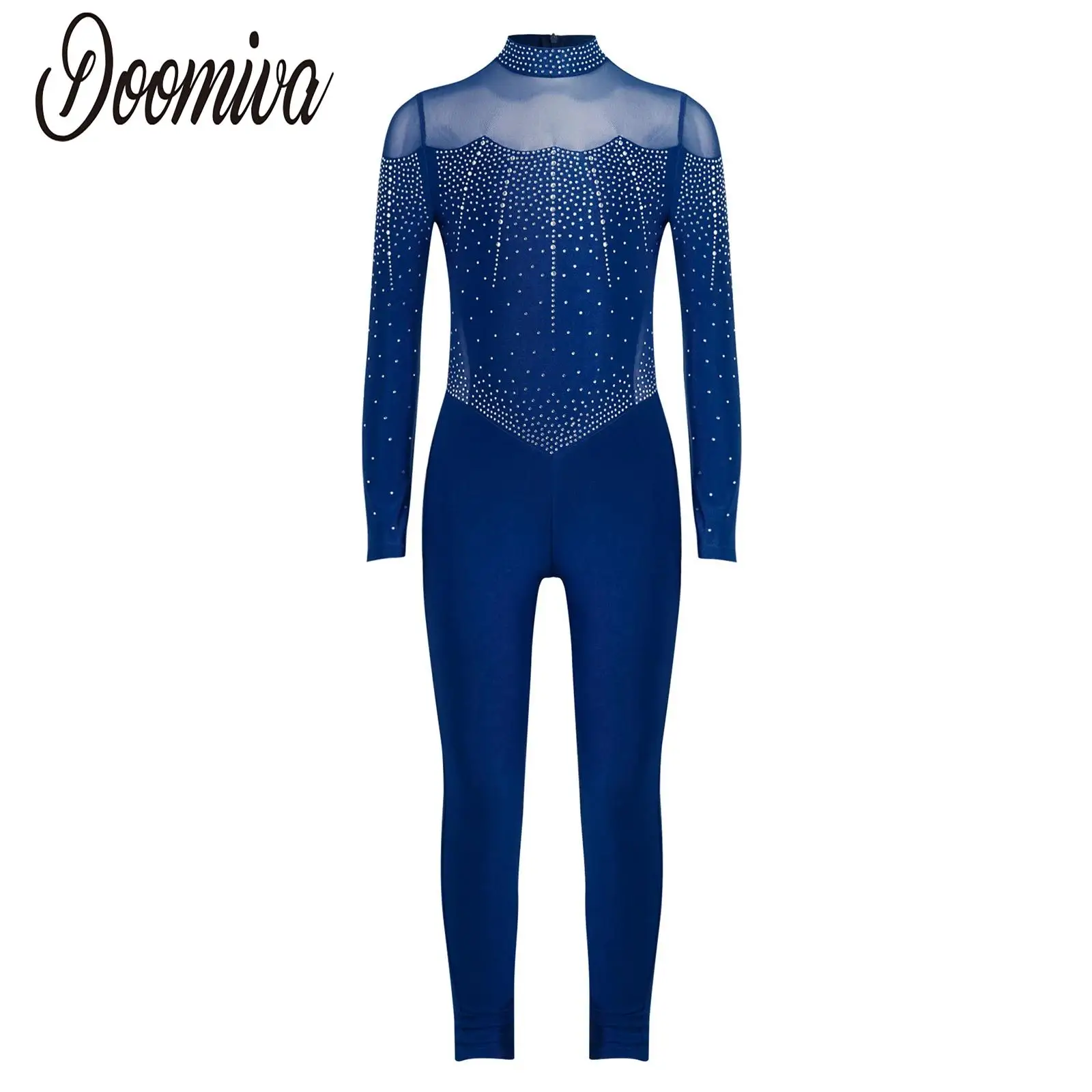 

Kids Girls Rhythmic Gymnastic Full Body Bodysuit Figure Skating Dance Leotards Long Sleeve Mesh Patchwork Rhinestones Jumpsuit