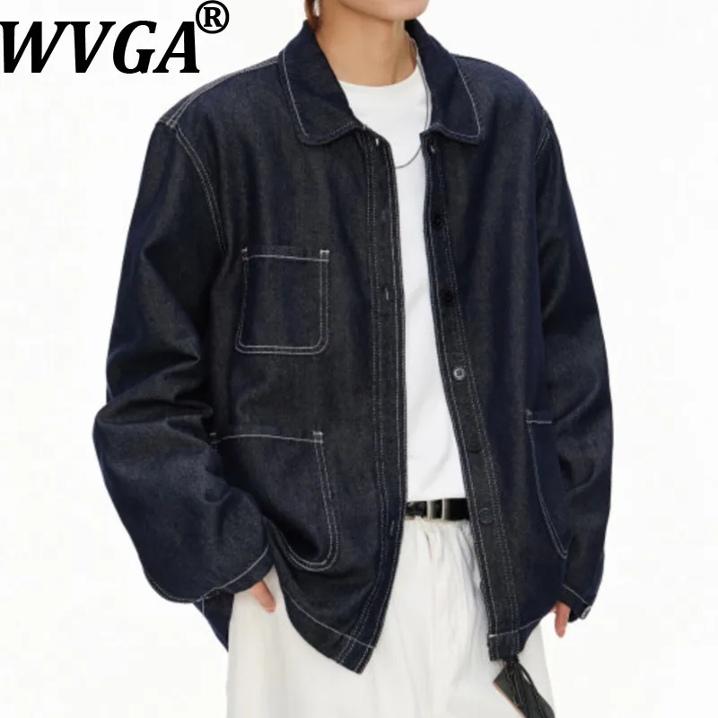 WVGA 2026 Spring New Man Tide Turn-Down Collar Trendy Denim Jackets Niche Chic Casual Large Pockets Workwear Washed Coats W20239