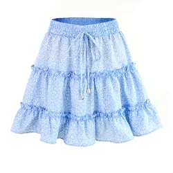 Summer 2024 White Dots Floral Print Pleated Midi Skirt Women Cotton Elastic High Waist Side