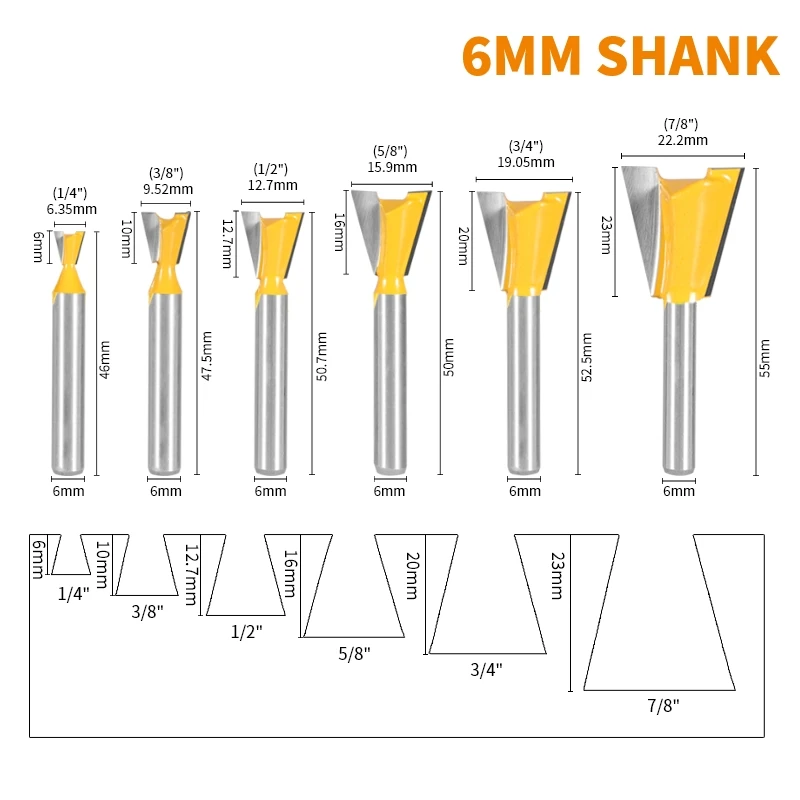 NXWIND 6MM 6.35MM Shank  Dovetail Joint Router Bit 14 Degree Woodworking Milling Cutter For Engraving Bits Face Mill